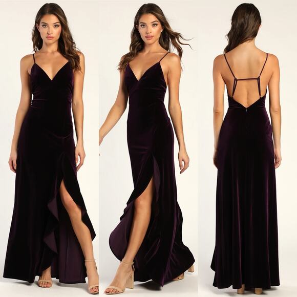 Lulus Dresses & Skirts - Lulus You Look Stunning Dark Purple Velvet Ruffled Maxi Dress Size L Formal NEW
